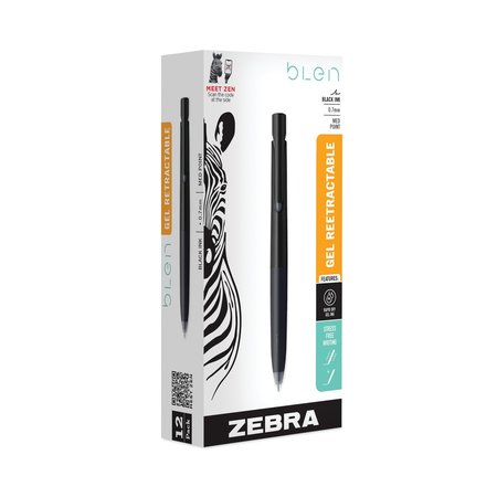 Zebra Pen bLen Gel Pen, Retractable, Fine 0.7 mm, Black Ink, Black Barrel, 12PK 41410